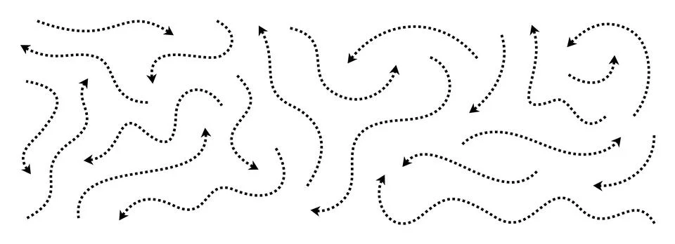 Black dotted thin arrows set. Wavy and curved dashed pointers collection. Wiggly Stock Illustration
