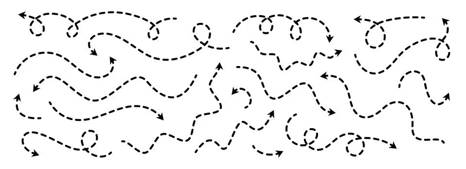 Black dotted thin arrows set. Wavy and curved dashed pointers collection. Wiggly Stock Illustration