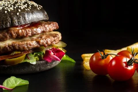 Black double hamburger made from beef, with jalapeno pepper-2 스톡 사진