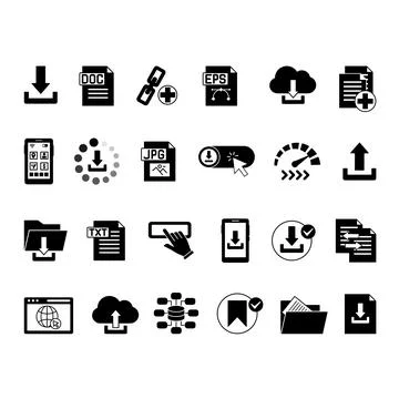 Black Download Icon Set. Vector Illustrations: Download File, Document, Lin.. Stock Illustration