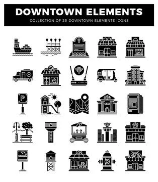A black downtown element icons presented on a white background with a black.. Stock Illustration