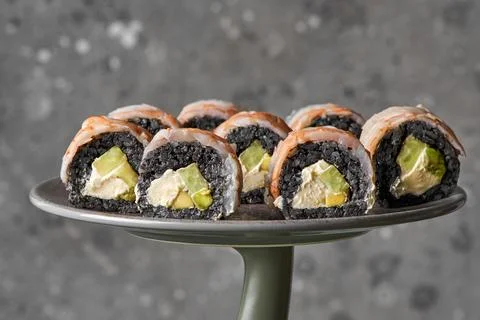 Black Dragon roll with eel, avocado, cucumber, cream cheese Stock Photos