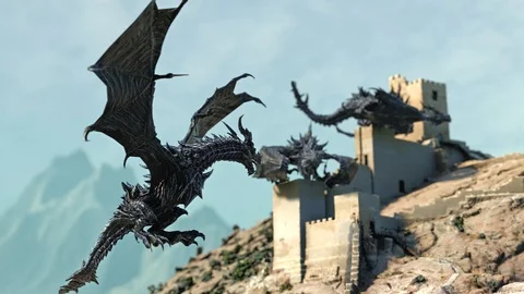 Black Dragons on the Castle Mountains Background Close up 3D Rendering Animat Vidéo 112712369