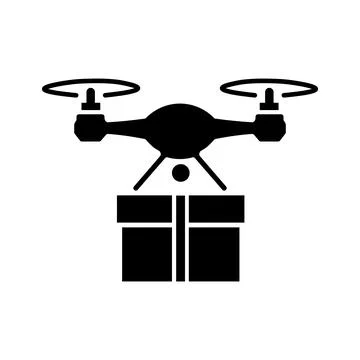 Black drone delivers a gift box through air on white background in vector イラスト素材