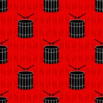 Black drums on a red background seamless pattern Stock Illustration