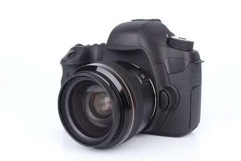 Black DSLR Camera isolated on white background Stock Photos