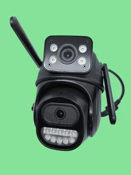 Black dual lens security camera with antennas and led lights isolated again.. Foto stock