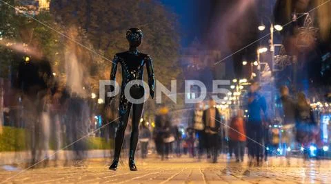 The black dummy standing on the crowd street. evening time Stock Photos