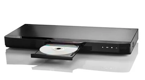 Black DVD Player with Compact Disc Isolated on White Background Studio Shot Stock Photos