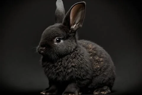 A black Dwarf domesticated rabbit with upright ears sitting on a black back.. Illustrazione stock