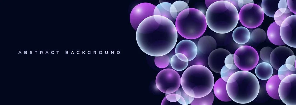 Black dynamic abstract background with 3D purple circles. Wide horizontal banner Illustrazione stock