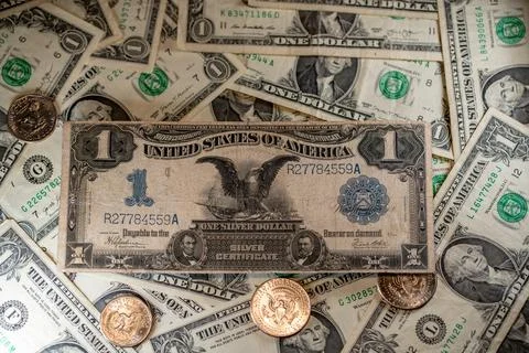 Black Eagle Banknote on new one Dollar bills. American money piled up Stock Photos
