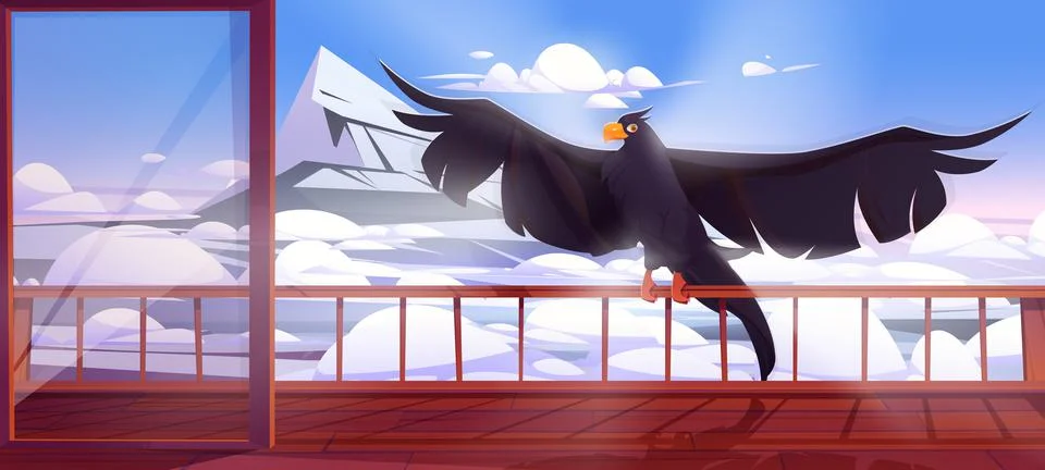 Black eagle, falcon, crow or hawk sit on terrace Stock Illustration