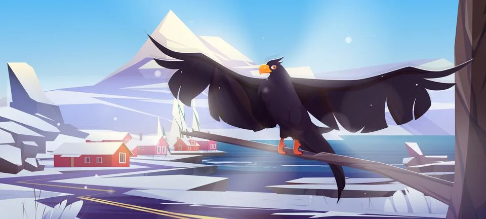 Black eagle, falcon or hawk sitting on tree branch Stock Illustration