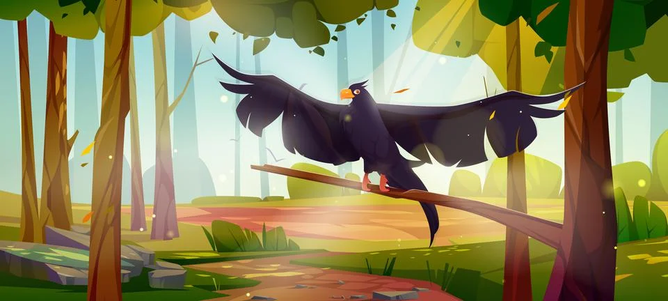 Black eagle, falcon or hawk sit on tree in forest Stockillustratie