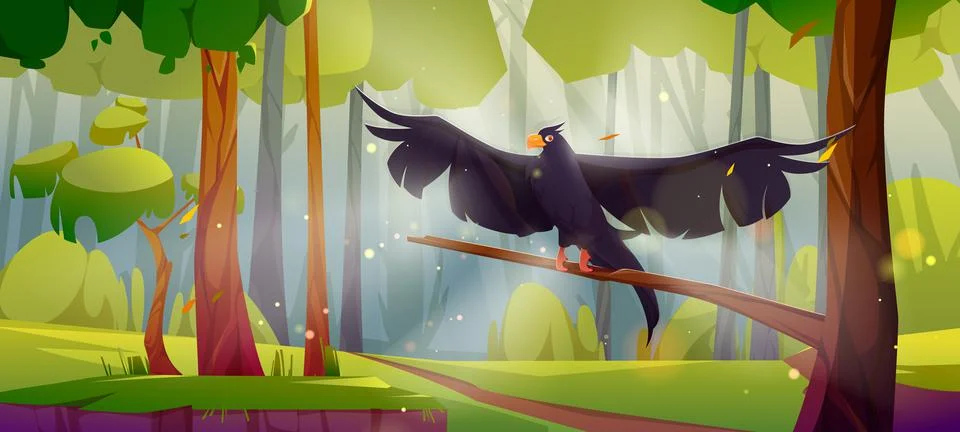 Black eagle, falcon or hawk sit on tree in forest Stockillustratie