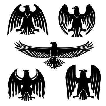 Black eagle, hawk or falcon heraldic symbol set Stockillustratie