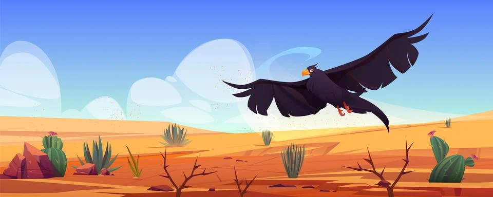 Black eagle over desert landscape, falcon or hawk Stock Illustration