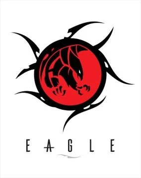 Black eagle with the sharp big claw on the red circle tribal. Stock Illustration