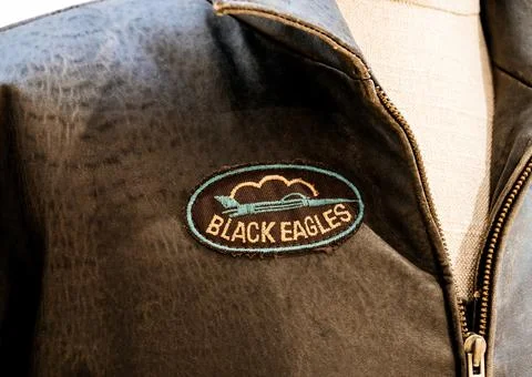 Black Eagles Aviation Patch on Leather Jacket Stock Photos