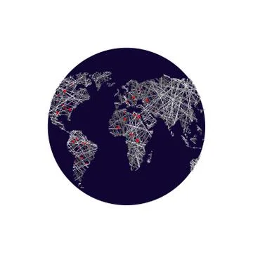 Black earth. Linear world map. Red lights capitals. World Atlas. Means of com 스톡 일러스트