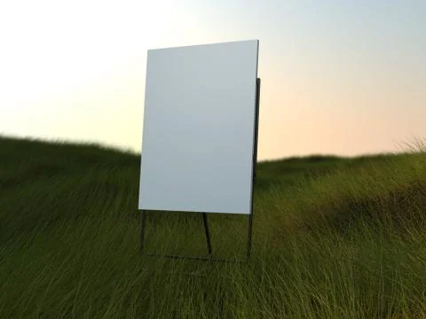 Black easel with canvas in a grassfield . 3d rendering Stock Illustration