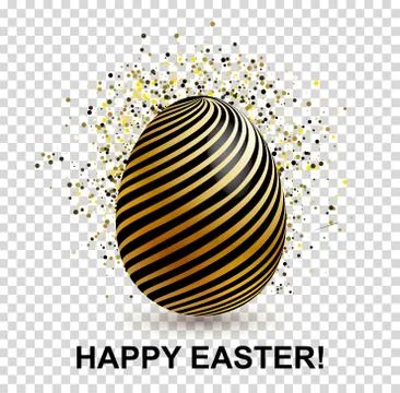 Black Easter Egg with gold decorative lines and confetty on transparen Stock Illustration
