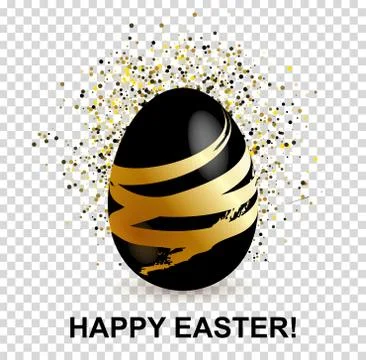Black Easter Egg with gold decorative lines and confetty on transparen Stock Illustration
