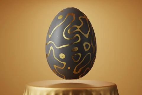 Black Easter egg with gold patterns on a background of gold fabric. 3d render Stock Illustration