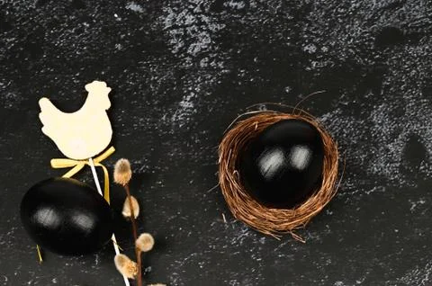 Black Easter. flat lay. Black Easter. three black eggs Foto stock