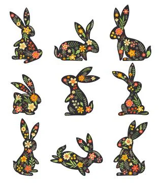 Black Easter Rabbit with Flowers and Floral Decoration Inside Vector Set Stock Illustration