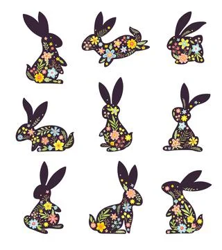 Black Easter Rabbit with Flowers and Floral Decoration Inside Vector Set Illustrazione stock