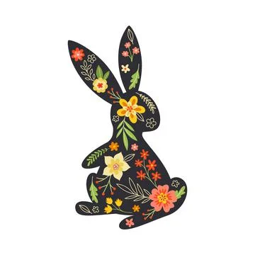 Black Easter Rabbit with Flowers and Floral Decoration Inside Vector Stock Illustration