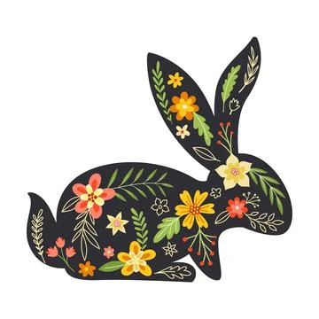 Black Easter Rabbit with Flowers and Floral Decoration Inside Vector Stock Illustration
