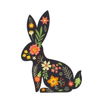 Black Easter Rabbit with Flowers and Floral Decoration Inside Vector Stock Illustration