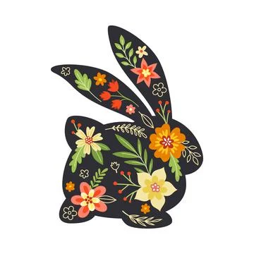 Black Easter Rabbit with Flowers and Floral Decoration Inside Vector Stockillustratie