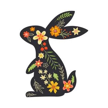 Black Easter Rabbit with Flowers and Floral Decoration Inside Vector 스톡 일러스트