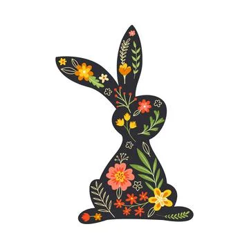 Black Easter Rabbit with Flowers and Floral Decoration Inside Vector Stock Illustration