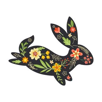Black Easter Rabbit with Flowers and Floral Decoration Inside Vector Stock Illustration