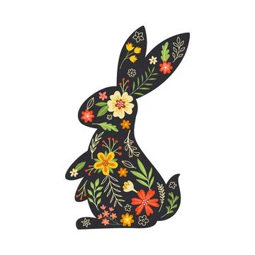 Black Easter Rabbit with Flowers and Floral Decoration Inside Vector Stock Illustration