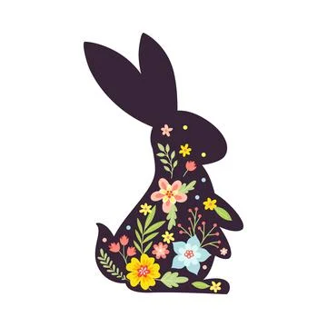 Black Easter Rabbit with Flowers and Floral Decoration Inside Vector Stock Illustration
