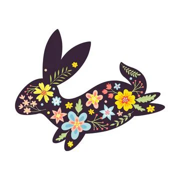 Black Easter Rabbit with Flowers and Floral Decoration Inside Vector Stockillustratie