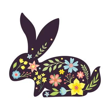 Black Easter Rabbit with Flowers and Floral Decoration Inside Vector Stock Illustration