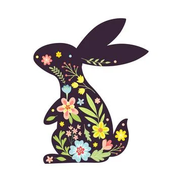 Black Easter Rabbit with Flowers and Floral Decoration Inside Vector Illustrazione stock