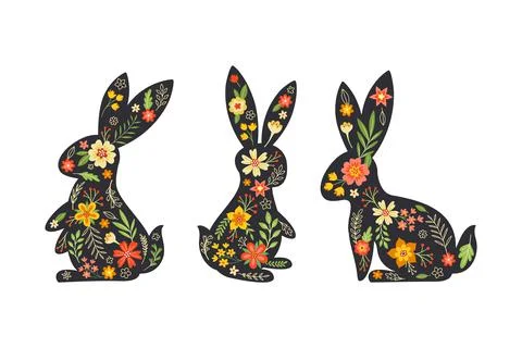 Black Easter Rabbit with Flowers and Floral Decoration Inside Vector Set Stock Illustration