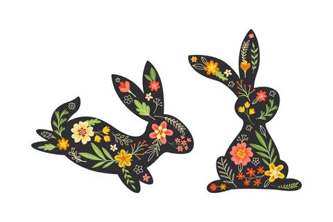 Black Easter Rabbit with Flowers and Floral Decoration Inside Vector Set Stockillustratie