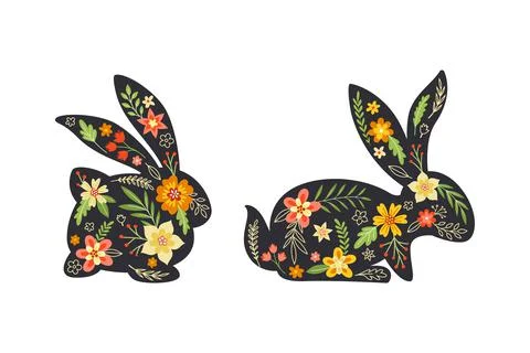 Black Easter Rabbit with Flowers and Floral Decoration Inside Vector Set 库存插图