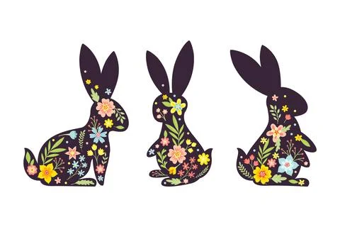 Black Easter Rabbit with Flowers and Floral Decoration Inside Vector Set 스톡 일러스트