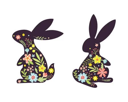 Black Easter Rabbit with Flowers and Floral Decoration Inside Vector Set Stockillustratie