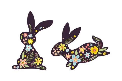 Black Easter Rabbit with Flowers and Floral Decoration Inside Vector Set Stock Illustration
